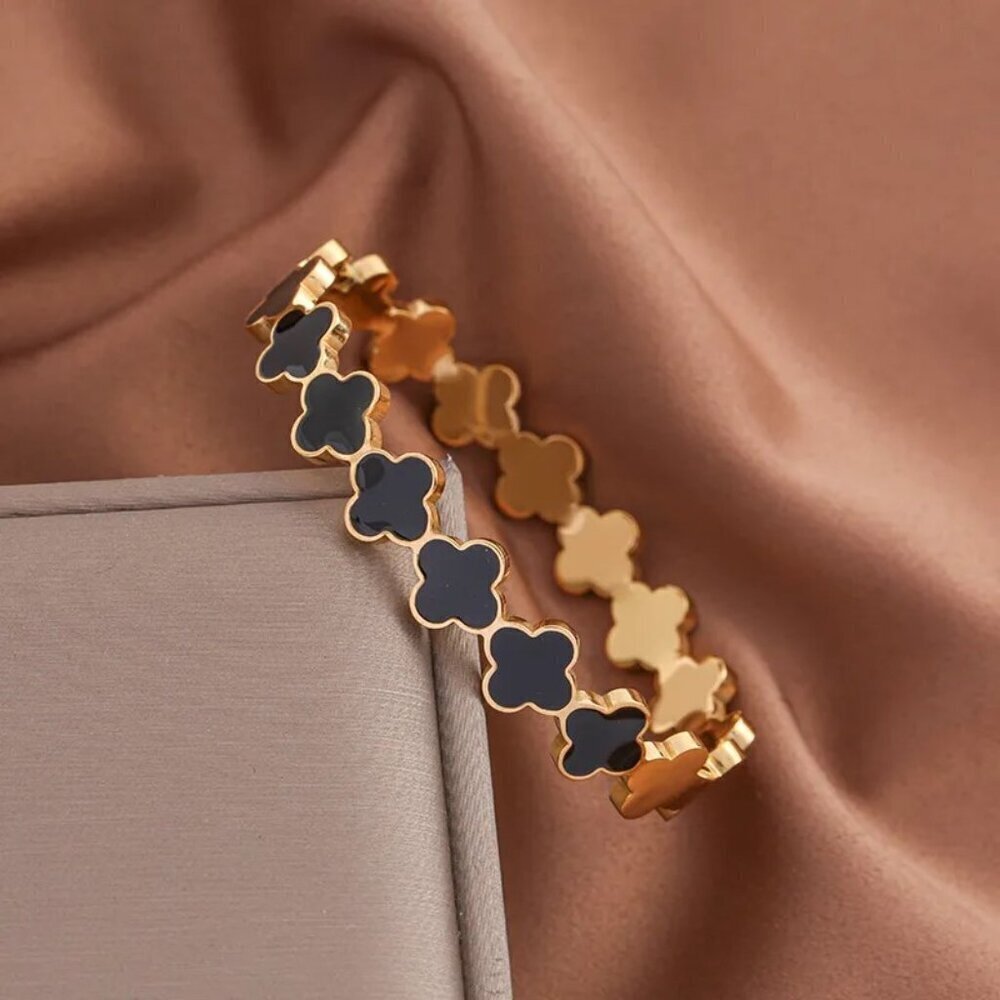 18k Gold Plated Stainless Steel Luxury Clover Bangle, Gold and Black